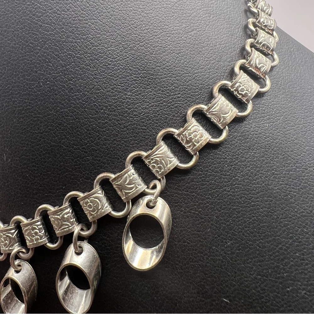Unusual Silver Tone Book Chain Necklace w/ Midcentury Modern Dangles - Picture 4 of 8